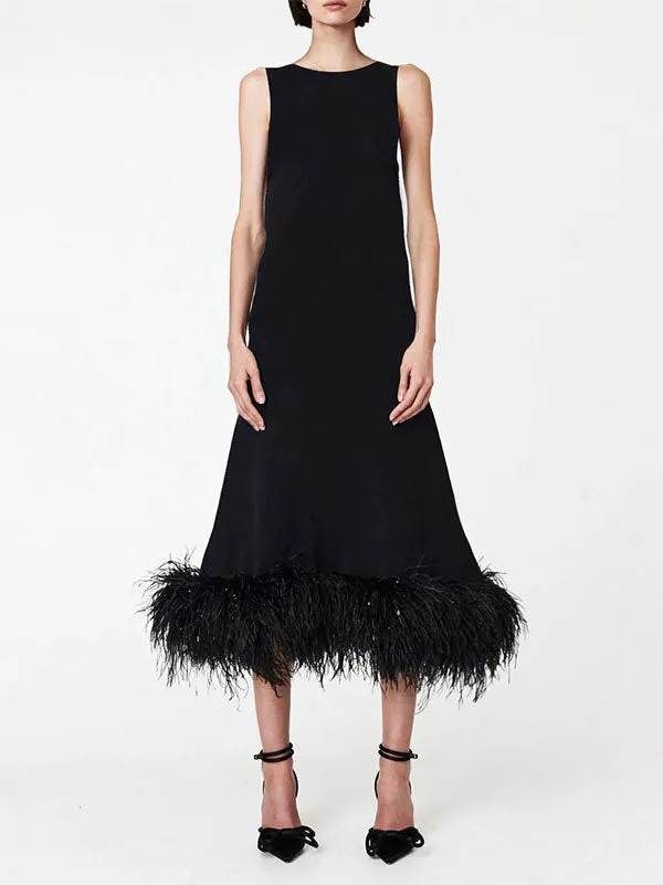 Simple Sleeveless Loose Feathers Solid Color Midi Dresses