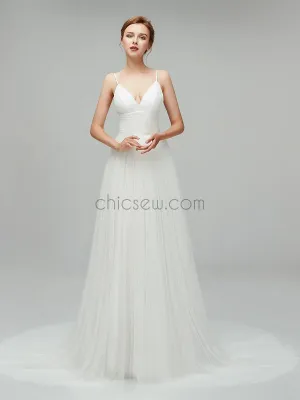 Simple Spaghetti Strap Cheap Backless Long Wedding Dresses XDM1105