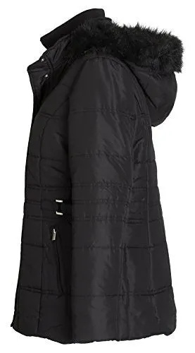 Sportoli Women's Down Alternative Puffer Coat with Plush Lined Detachable Hood (Black / 3X)