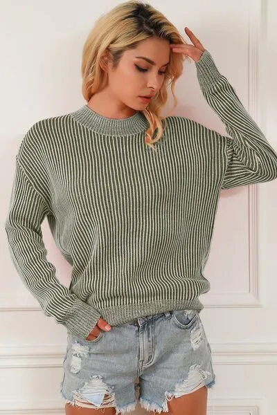 Striped Mock Neck Dropped Shoulder Sweater