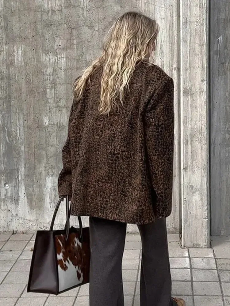 TAVIMART  -  Street Leopard Print Woolen Blazer Women Lapel Long Sleeve Pockets Coats Autumn Lady Retro Commuter Overcoat Streetwear