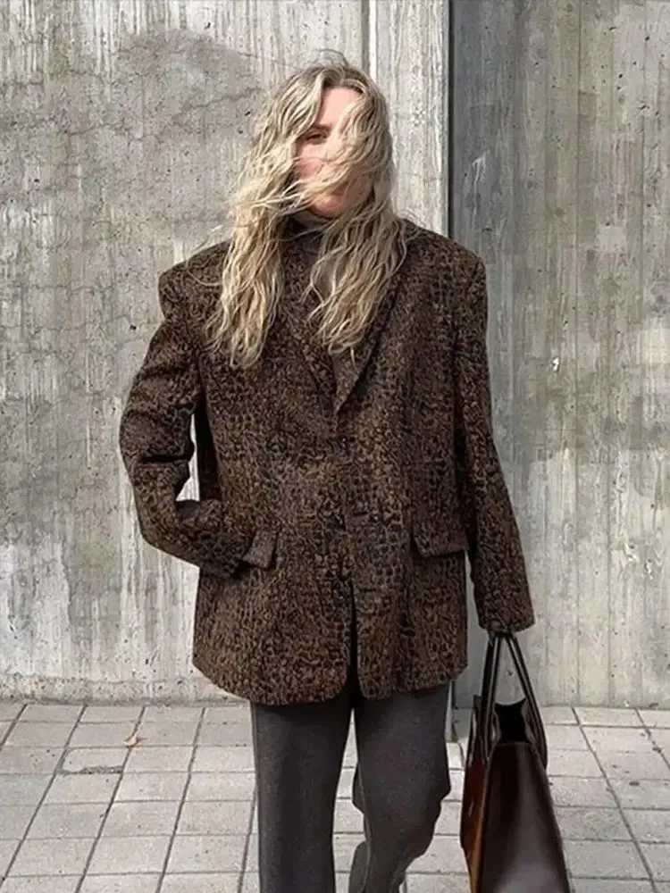 TAVIMART  -  Street Leopard Print Woolen Blazer Women Lapel Long Sleeve Pockets Coats Autumn Lady Retro Commuter Overcoat Streetwear