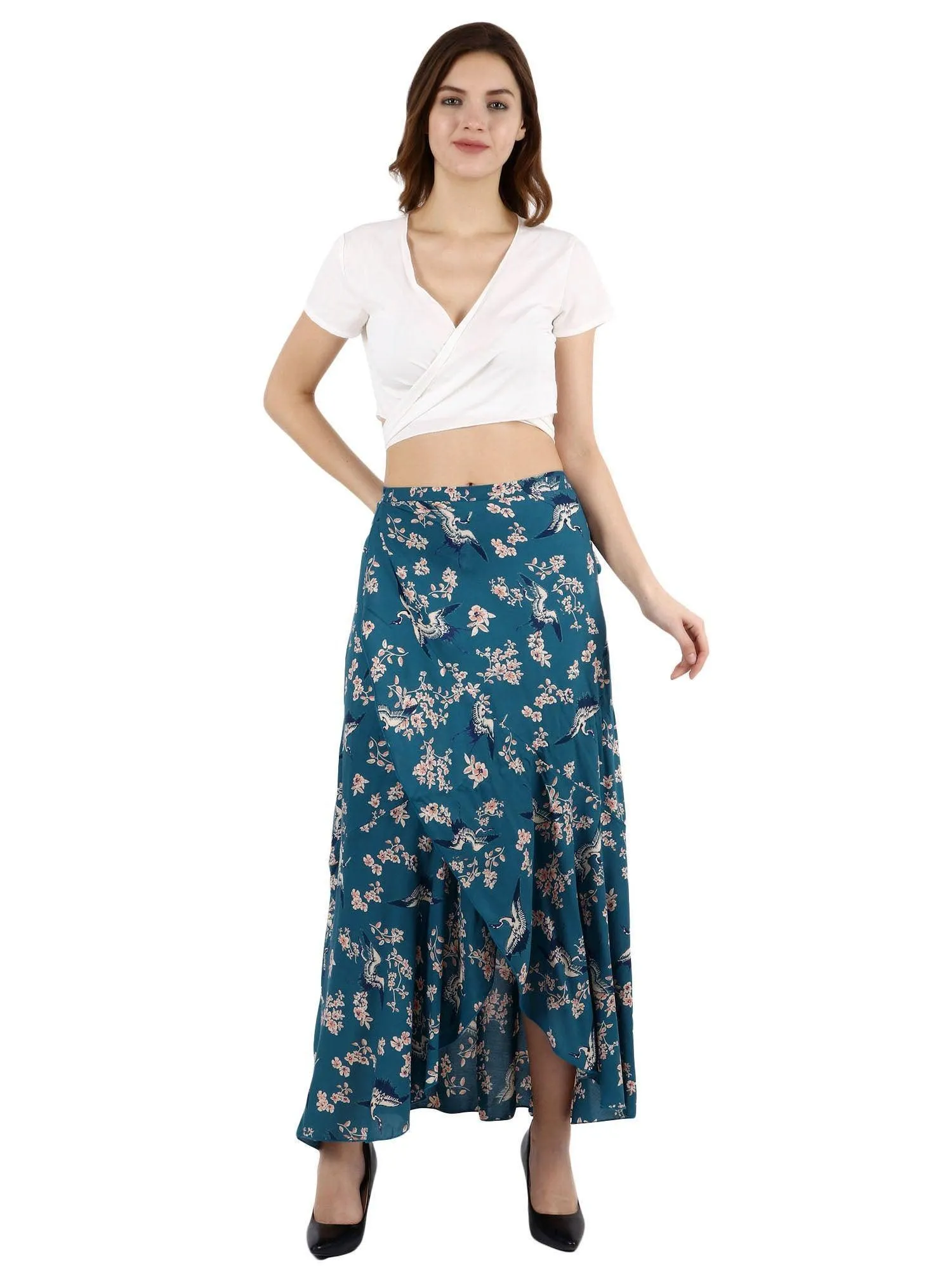 Teal Blue Floral Printed Wrap Around Skirt