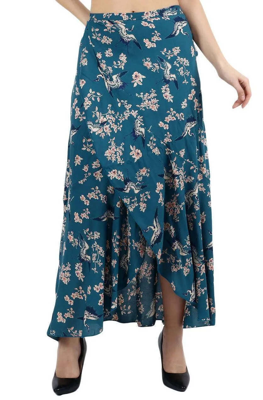 Teal Blue Floral Printed Wrap Around Skirt