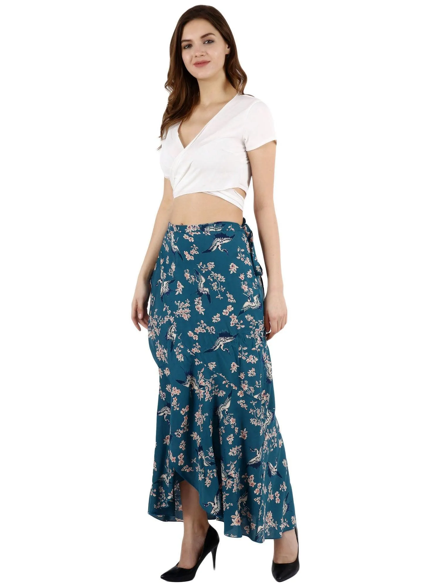 Teal Blue Floral Printed Wrap Around Skirt