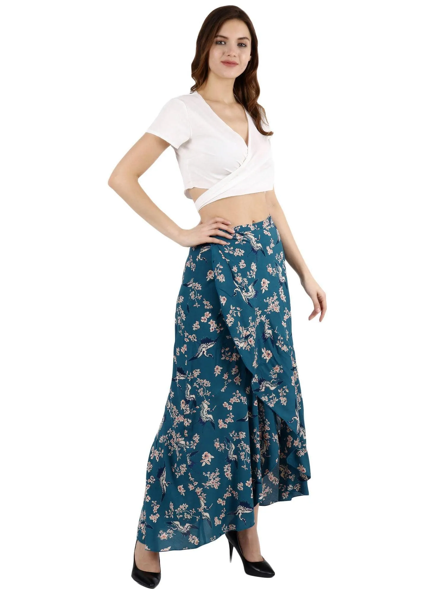 Teal Blue Floral Printed Wrap Around Skirt