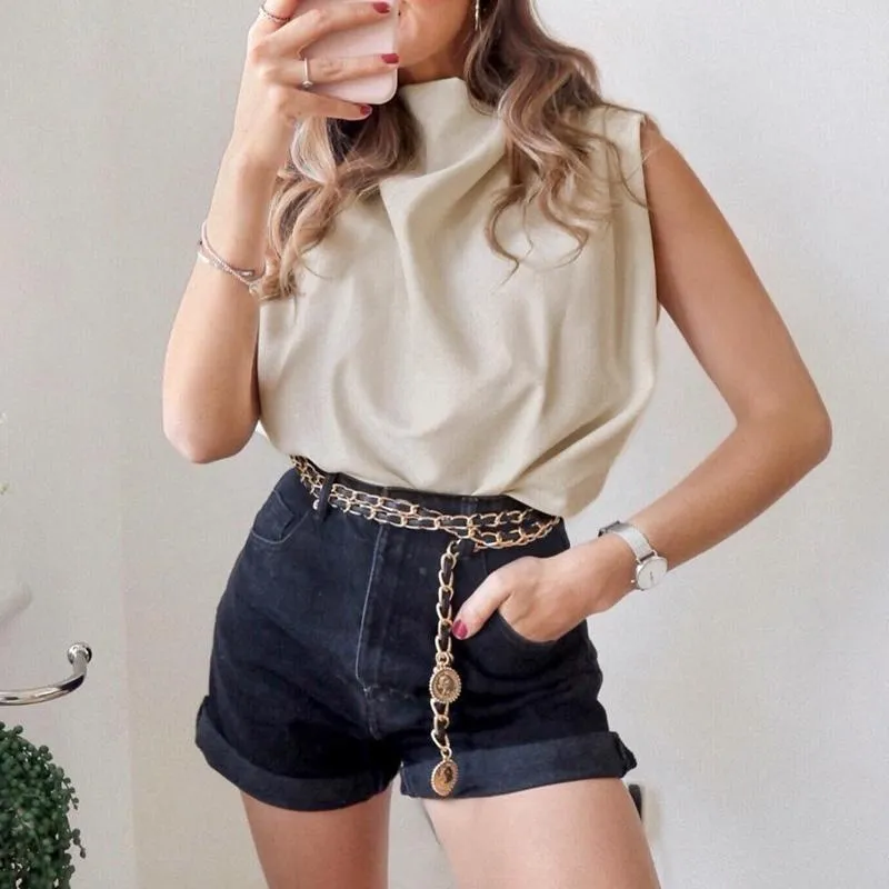 Turtleneck short women Camis Fashion frill sleeveless Tank top