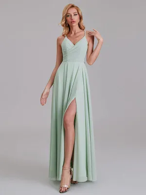 V-Neck Spaghetti Straps Side Slit Chiffon Floor-Length Bridesmaid Dresses