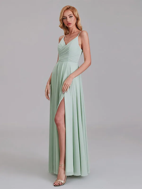 V-Neck Spaghetti Straps Side Slit Chiffon Floor-Length Bridesmaid Dresses