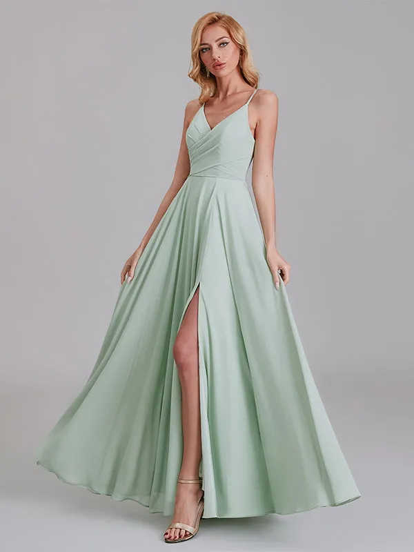 V-Neck Spaghetti Straps Side Slit Chiffon Floor-Length Bridesmaid Dresses