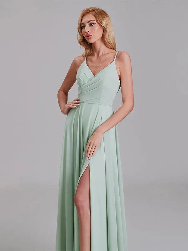 V-Neck Spaghetti Straps Side Slit Chiffon Floor-Length Bridesmaid Dresses