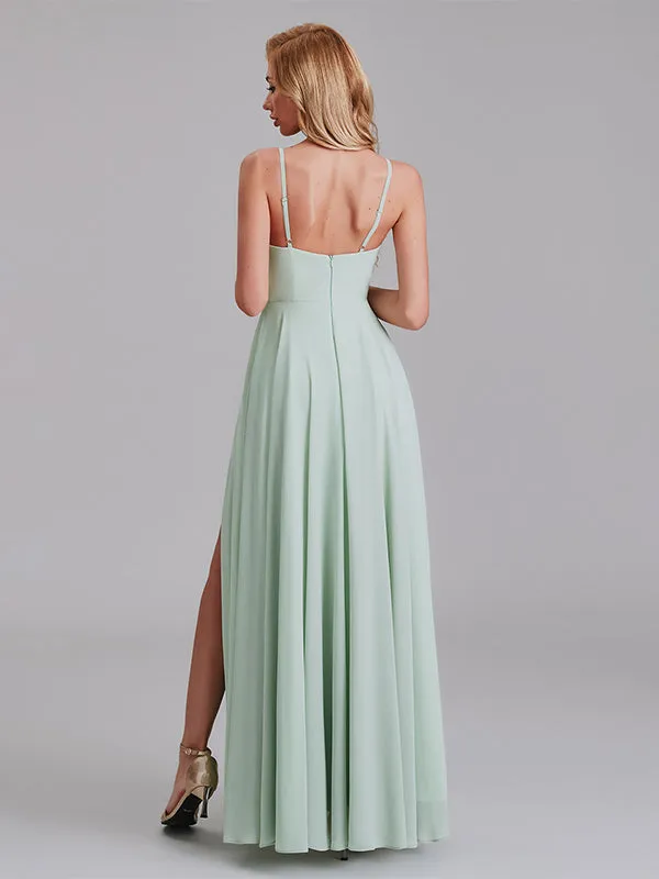 V-Neck Spaghetti Straps Side Slit Chiffon Floor-Length Bridesmaid Dresses