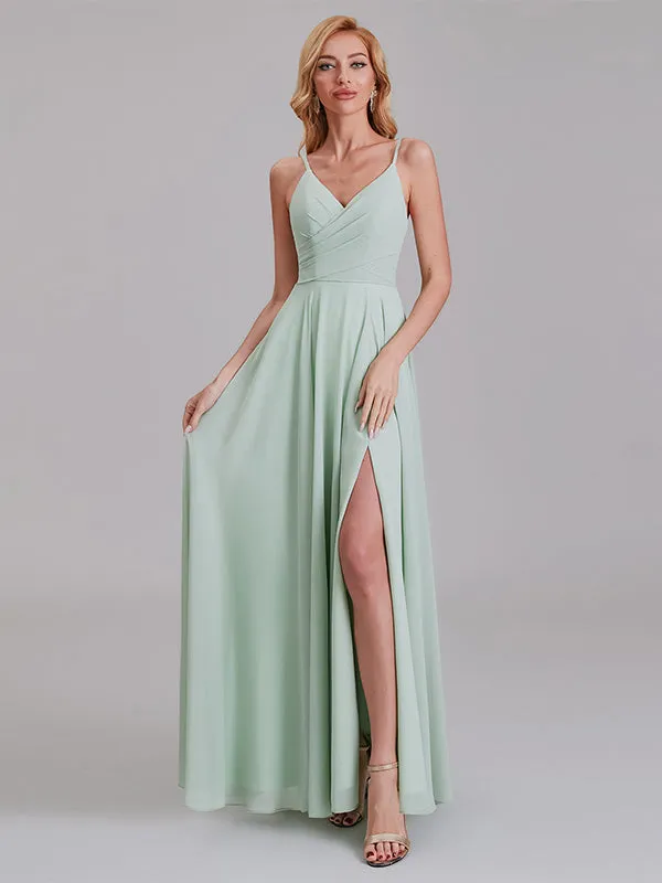 V-Neck Spaghetti Straps Side Slit Chiffon Floor-Length Bridesmaid Dresses