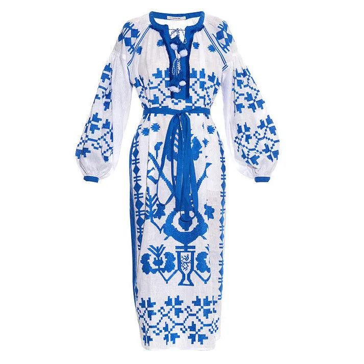 White and Blue Vyshyvanka Embroidered Long Dress