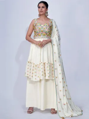 White Mirror Work Multi Embroidery Chiffon Palazzo Suit