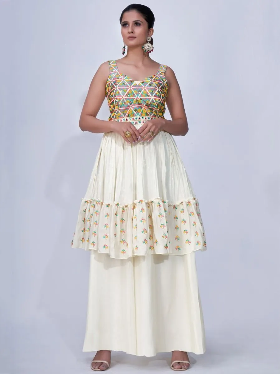 White Mirror Work Multi Embroidery Chiffon Palazzo Suit