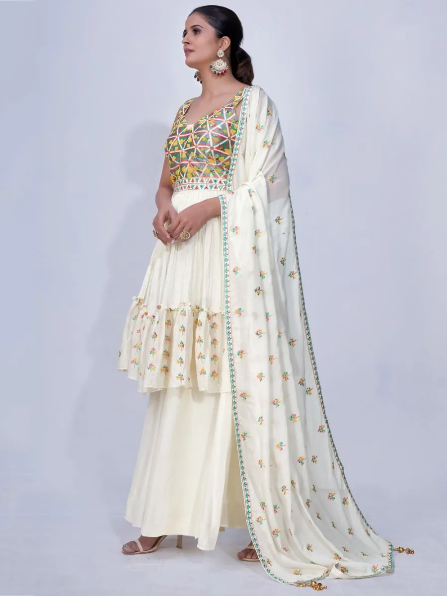 White Mirror Work Multi Embroidery Chiffon Palazzo Suit