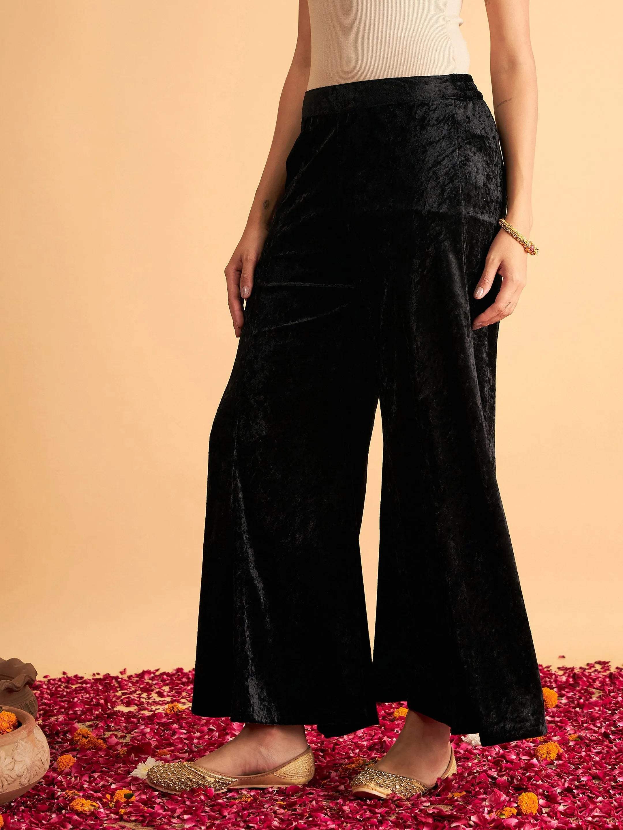 Women Black Velvet Palazzo Pants