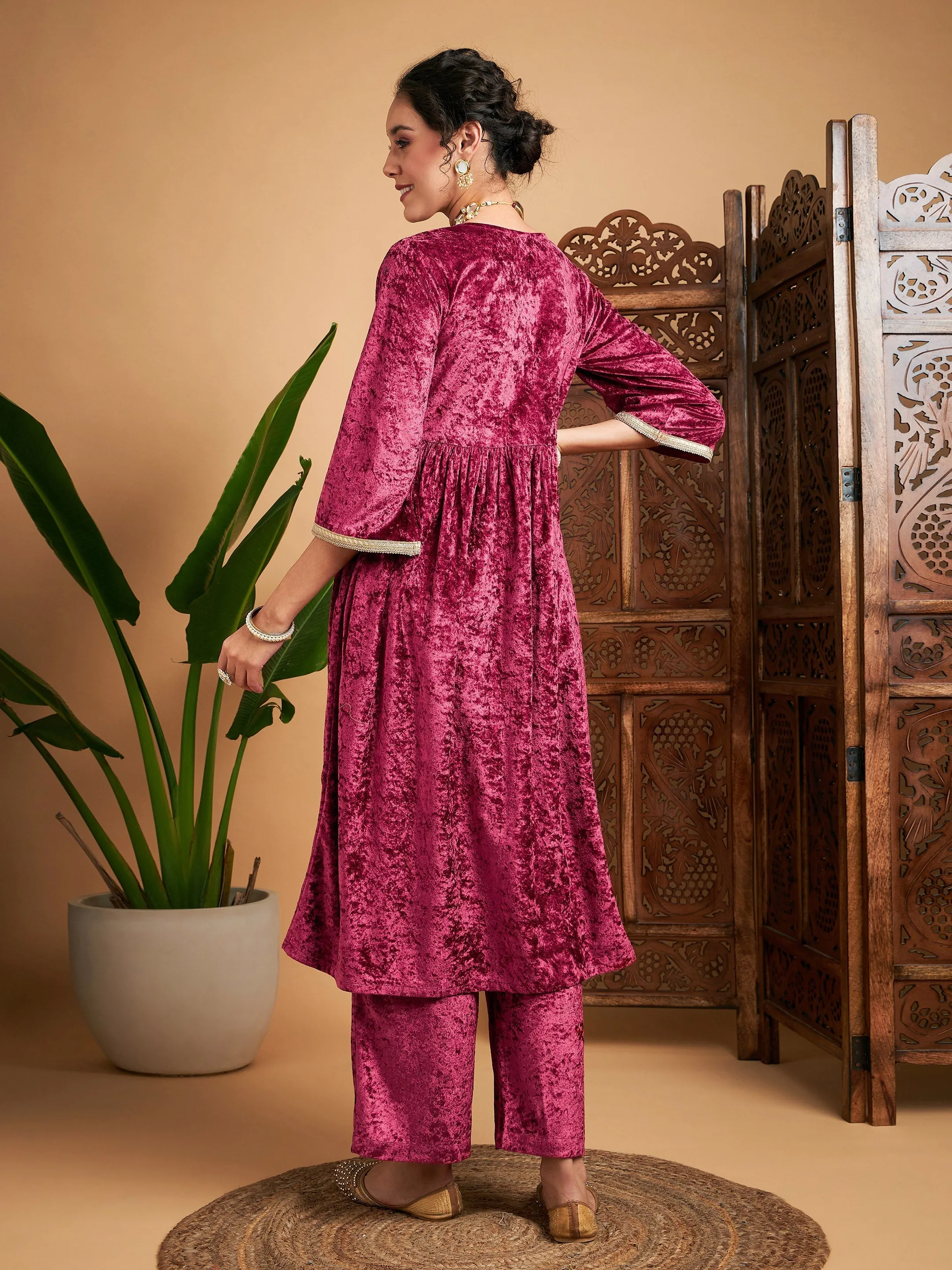 Women Pink Velvet Embroidered Gathered Kurta With Pants