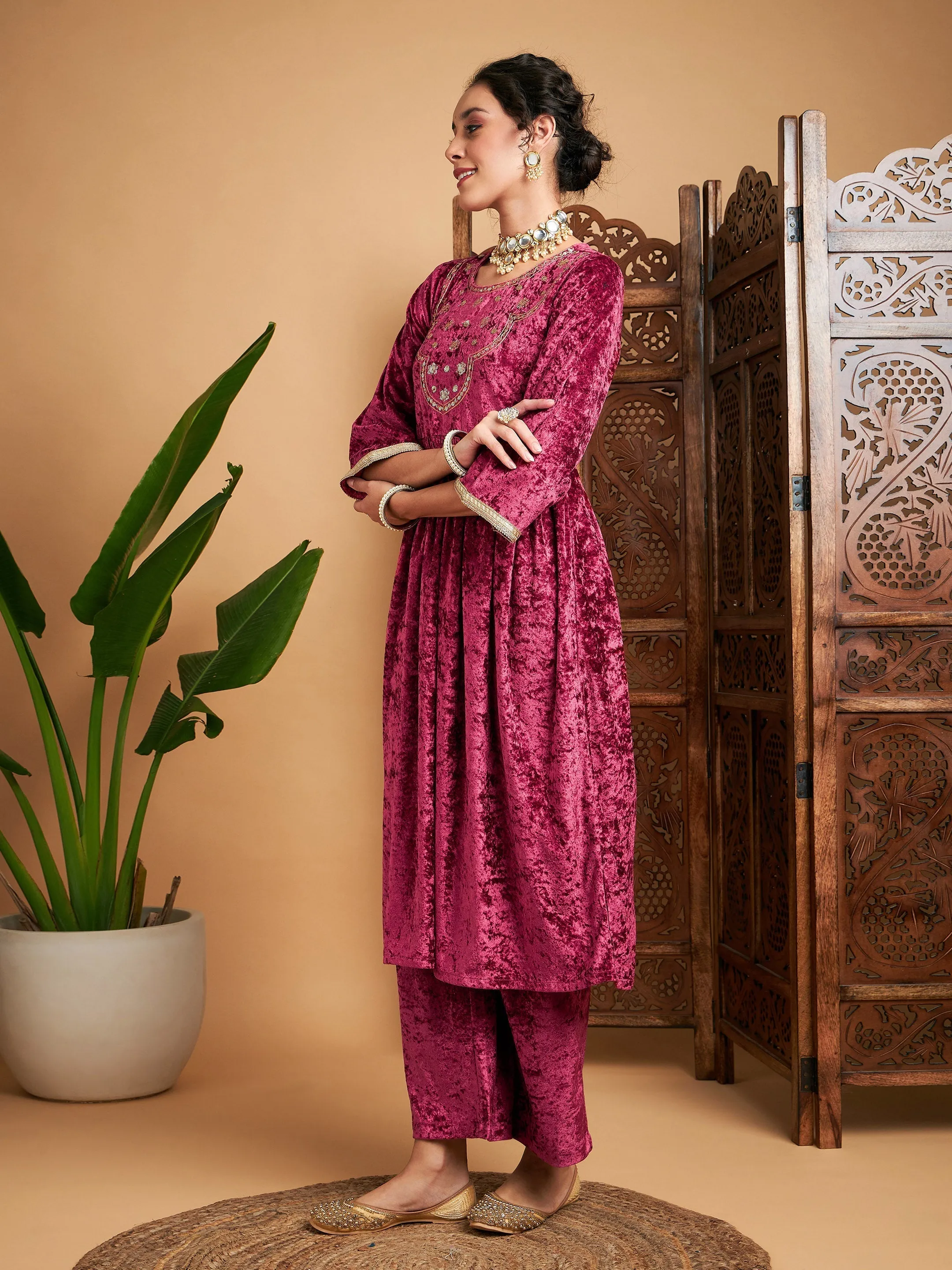 Women Pink Velvet Embroidered Gathered Kurta With Pants