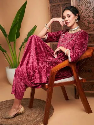 Women Pink Velvet Embroidered Gathered Kurta