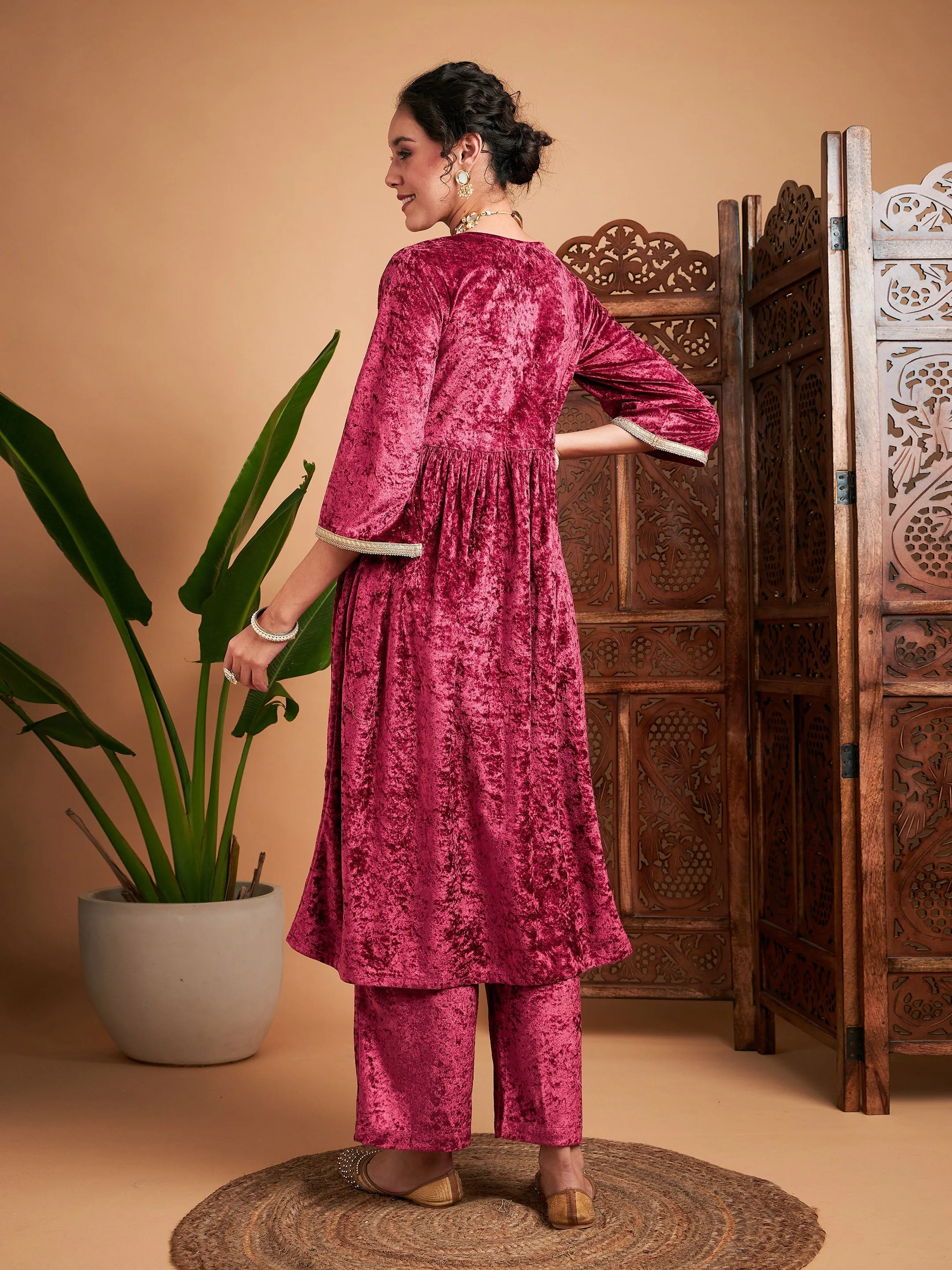 Women Pink Velvet Embroidered Gathered Kurta