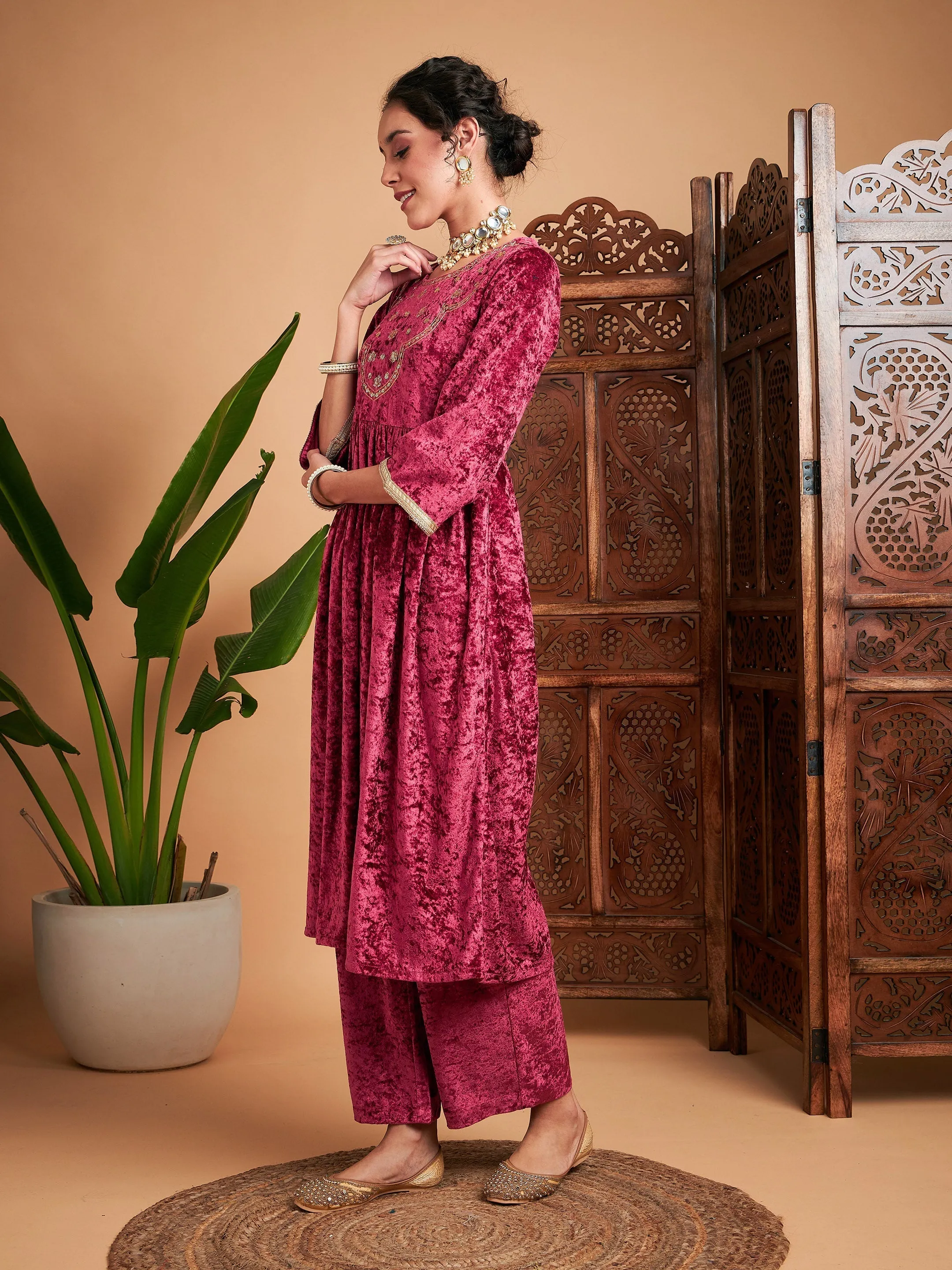 Women Pink Velvet Embroidered Gathered Kurta