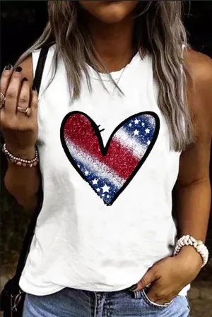 Women's American Flag Heart Print Tee Tops Sleeveless Summer Tank Tops