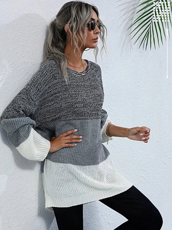 Women's European and American Crew Neck Long Sleeve Contrast Knit Sweater