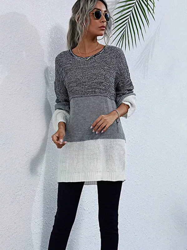 Women's European and American Crew Neck Long Sleeve Contrast Knit Sweater