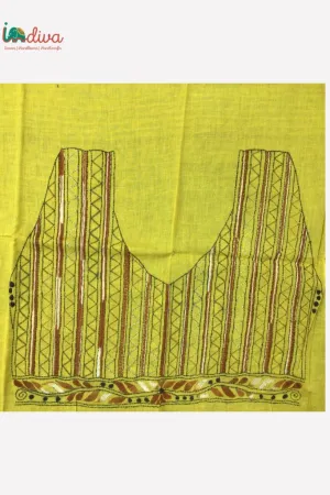 Yellow Kantha Blouse Material With Brown & Black Vertical Stripes